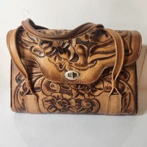 Vintage 50s 60s Hand Tooled Leather Floral Western Handbag Tan Satchel TurnLock